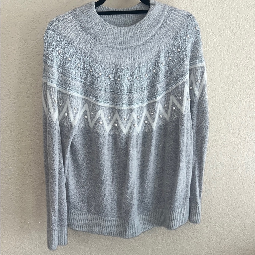 Gray and White Crew Neck Sweater with Nordic Pattern